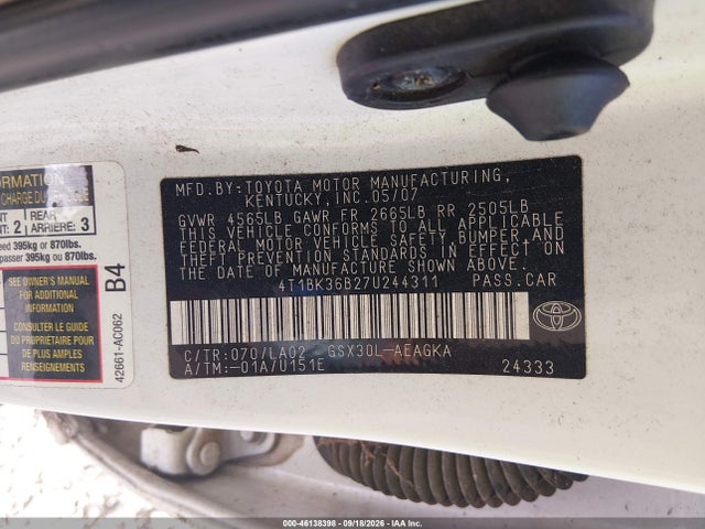 2007 Toyota Avalon Xls მანქანა იყიდება აუქციონზე, vin: 4T1BK36B27U244311, აუქციონის ნომერი: 46138398