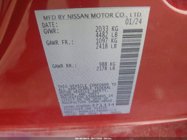 2024 Nissan Altima Sr Intelligent Awd მანქანა იყიდება აუქციონზე, vin: 1N4BL4CW0RN371334, აუქციონის ნომერი: 46138410