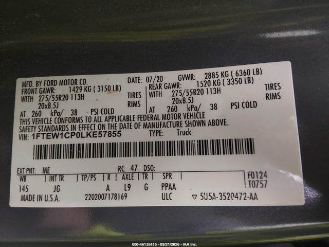 Aukcja sprzedaży 2020 Ford F-150 Xl, vin: 1FTEW1CP0LKE57855, numer aukcji: 46138415