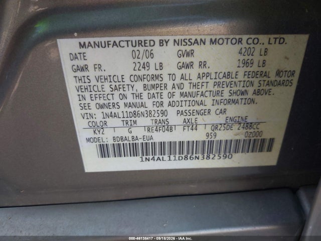 46138417 :رقم المزاد ، 1N4AL11D86N382590 vin ، 2006 Nissan Altima 2.5 S مزاد بيع