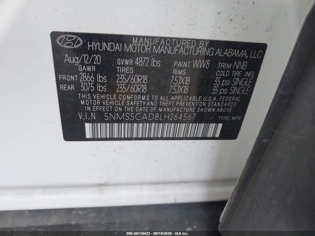 Aukcja sprzedaży 2020 Hyundai Santa Fe Limited, vin: 5NMS5CAD8LH264567, numer aukcji: 46138423