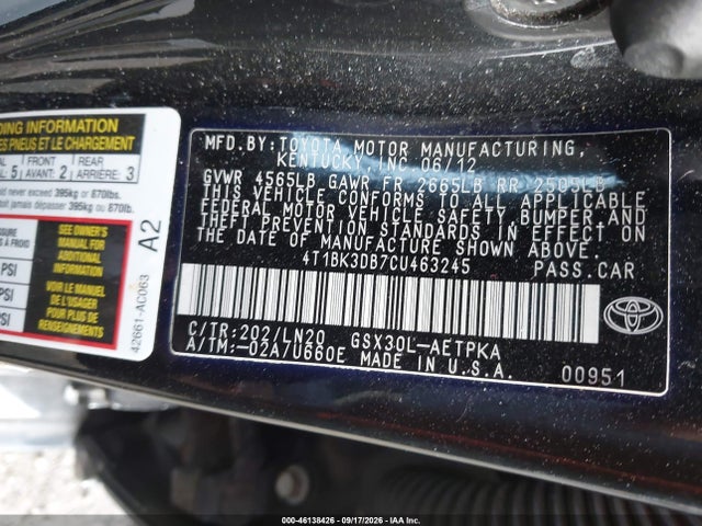 46138426 :رقم المزاد ، 4T1BK3DB7CU463245 vin ، 2012 Toyota Avalon Limited مزاد بيع