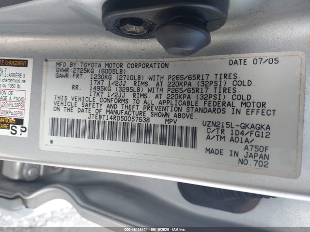 2005 Toyota 4runner Sr5 V8 მანქანა იყიდება აუქციონზე, vin: JTEBT14R050057638, აუქციონის ნომერი: 46138431