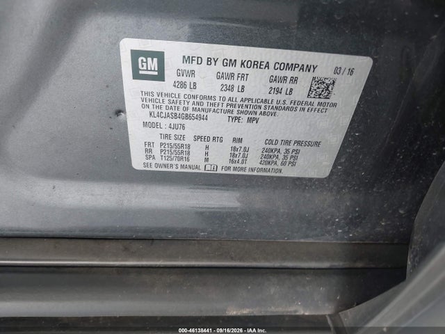 2016 Buick Encore მანქანა იყიდება აუქციონზე, vin: KL4CJASB4GB654944, აუქციონის ნომერი: 46138441