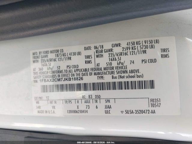 Aukcja sprzedaży 2018 Ford Transit-350 Xl, vin: 1FBAX2CM7JKB18826, numer aukcji: 46138446