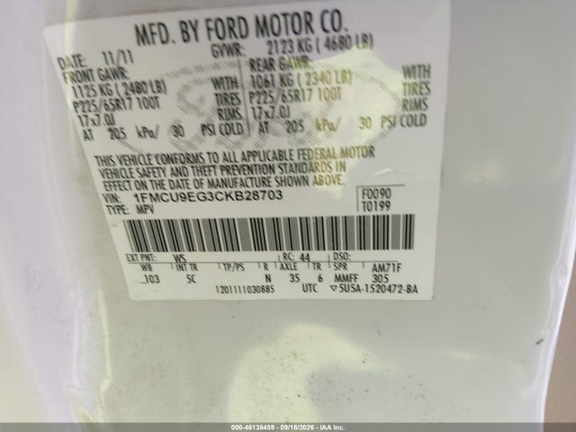 Aukcja sprzedaży 2012 Ford Escape Limited, vin: 1FMCU9EG3CKB28703, numer aukcji: 46138459