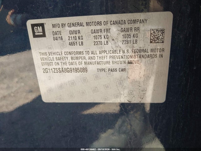 46138462 :رقم المزاد ، 2G11Z5SA8G9195089 vin ، 2016 Chevrolet Impala Ls مزاد بيع