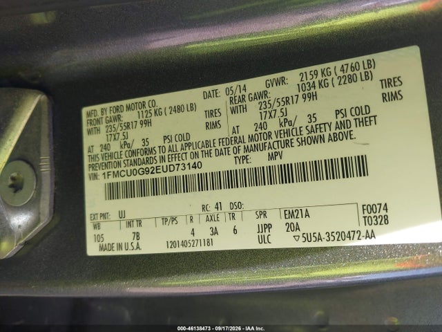 46138473 :رقم المزاد ، 1FMCU0G92EUD73140 vin ، 2014 Ford Escape Se مزاد بيع