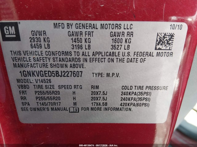 Продажа на аукционе авто 2011 Chevrolet Traverse 1lt, vin: 1GNKVGED5BJ227607, номер лота: 46138474
