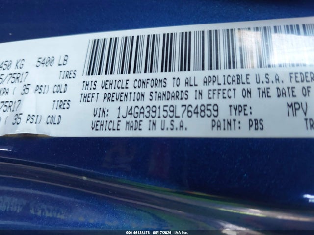 46138476 :رقم المزاد ، 1J4GA39159L764859 vin ، 2009 Jeep Wrangler Unlimited X مزاد بيع
