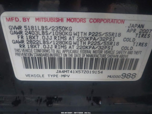 46138491 :رقم المزاد ، JA4MT41X57Z019154 vin ، 2007 Mitsubishi Outlander Xls مزاد بيع