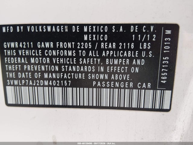 Продаж на аукціоні авто 2013 Volkswagen Jetta 2.5l Sel, vin: 3VWLP7AJ2DM402157, номер лоту: 46138496
