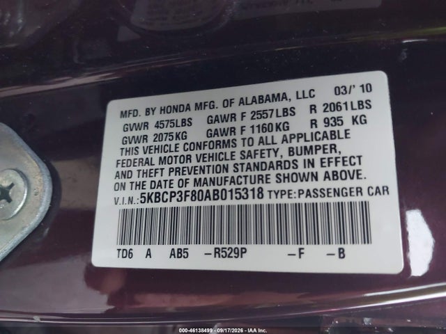 Aukcja sprzedaży 2010 Honda Accord 3.5 Ex-l, vin: 5KBCP3F80AB015318, numer aukcji: 46138499