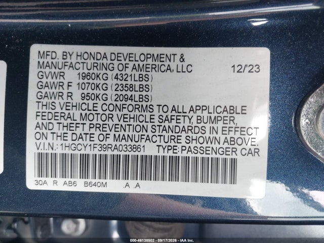 2024 Honda Accord Ex მანქანა იყიდება აუქციონზე, vin: 1HGCY1F39RA033861, აუქციონის ნომერი: 46138502