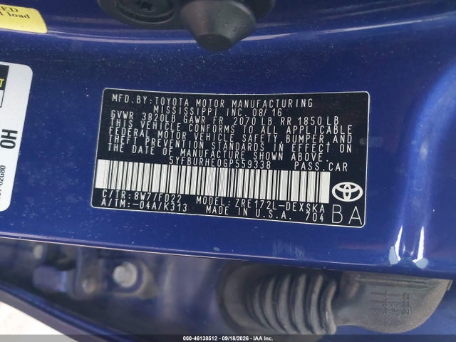 Aukcja sprzedaży 2016 Toyota Corolla S Plus, vin: 5YFBURHE0GP559338, numer aukcji: 46138512