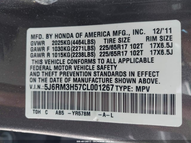 Aukcja sprzedaży 2012 Honda Cr-v Ex, vin: 5J6RM3H57CL001267, numer aukcji: 46138513