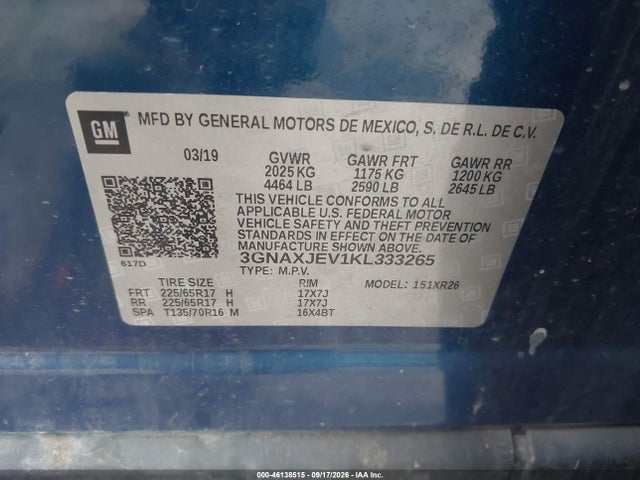 Продаж на аукціоні авто 2019 Chevrolet Equinox Lt, vin: 3GNAXJEV1KL333265, номер лоту: 46138515