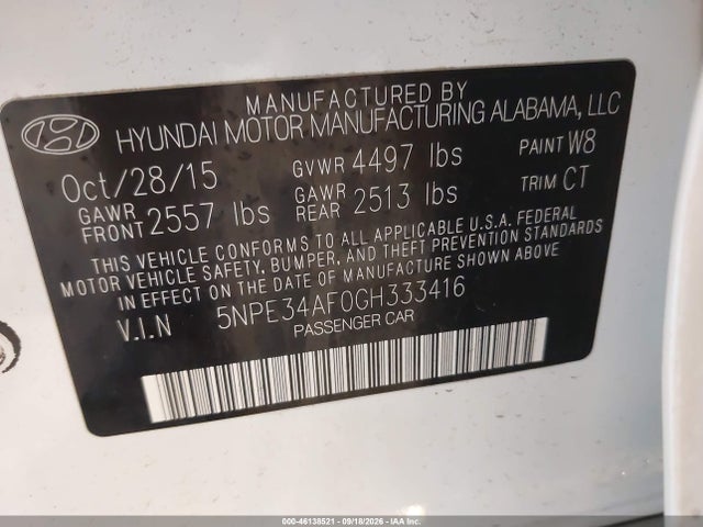 Aukcja sprzedaży 2016 Hyundai Sonata Sport, vin: 5NPE34AF0GH333416, numer aukcji: 46138521