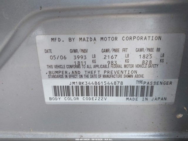 Продажа на аукционе авто 2006 Mazda Mazda3 S Touring, vin: JM1BK344861544878, номер лота: 46138526
