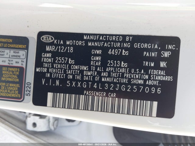 Auction sale of the 2018 Kia Optima Lx, vin: 5XXGT4L32JG257096, lot number: 46138541