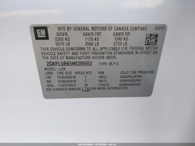 Aukcja sprzedaży 2017 Gmc Terrain Slt, vin: 2GKFLUEK5H6285952, numer aukcji: 46138558