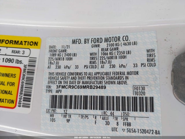 46138564 :رقم المزاد ، 3FMCR9C69MRB29489 vin ، 2021 Ford Bronco Sport Outer Banks مزاد بيع