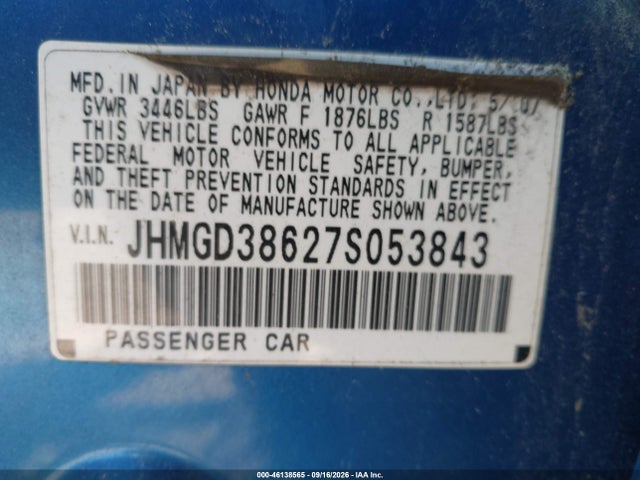 Продаж на аукціоні авто 2007 Honda Fit Sport, vin: JHMGD38627S053843, номер лоту: 46138565