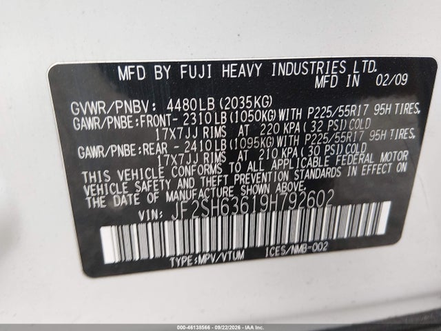 2009 Subaru Forester 2.5x მანქანა იყიდება აუქციონზე, vin: JF2SH63619H792602, აუქციონის ნომერი: 46138566
