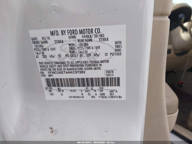 Aukcja sprzedaży 2010 Ford Escape Limited, vin: 1FMCU0E74AKC97282, numer aukcji: 46138572