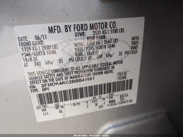 2011 Ford Edge Limited მანქანა იყიდება აუქციონზე, vin: 2FMDK4KC2BBB41661, აუქციონის ნომერი: 46138588