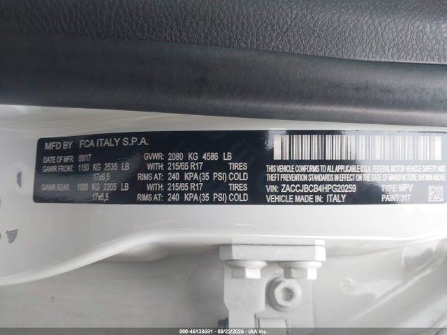 Продажа на аукционе авто 2017 Jeep Renegade Trailhawk 4x4, vin: ZACCJBCB4HPG20259, номер лота: 46138591
