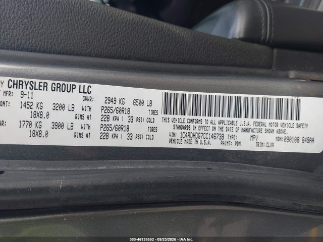 46138592 :رقم المزاد ، 1C4RDHDG7CC146738 vin ، 2012 Dodge Durango Crew مزاد بيع