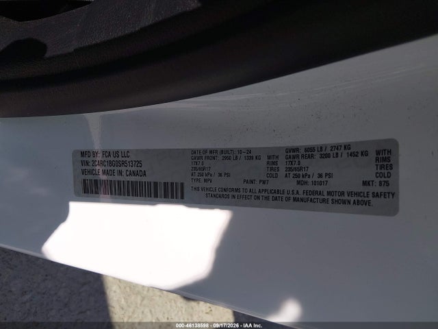 Aukcja sprzedaży 2025 Chrysler Pacifica Select, vin: 2C4RC1BG0SR513725, numer aukcji: 46138598
