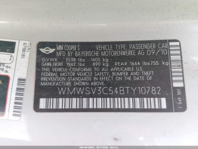 Продажа на аукционе авто 2011 Mini Cooper S, vin: WMWSV3C54BTY10782, номер лота: 46138603