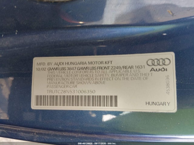 Aukcja sprzedaży 2003 Audi Tt 1.8l, vin: TRUTC28N531006350, numer aukcji: 46138608