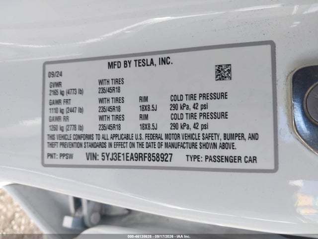 Продаж на аукціоні авто 2024 Tesla Model 3 Long Range Dual Motor Rear-wheel Drive/rear-wheel Drive, vin: 5YJ3E1EA9RF858927, номер лоту: 46138628