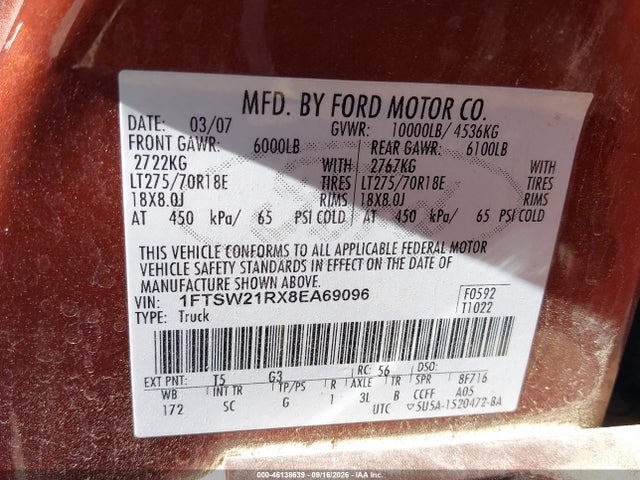 Продаж на аукціоні авто 2008 Ford F-250 Fx4/harley-davidson/king Ranch/lariat/xl/xlt, vin: 1FTSW21RX8EA69096, номер лоту: 46138639