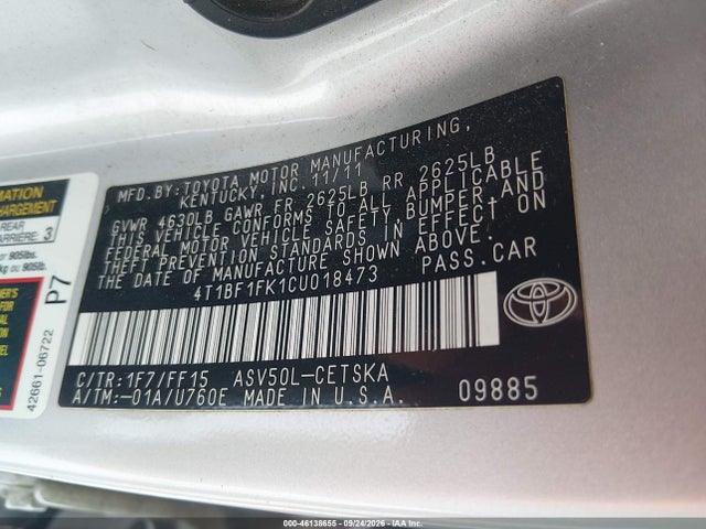 Продаж на аукціоні авто 2012 Toyota Camry Se, vin: 4T1BF1FK1CU018473, номер лоту: 46138655