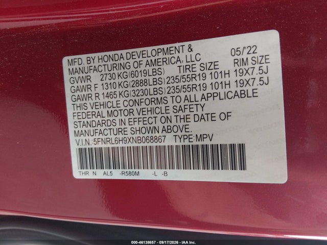 Продаж на аукціоні авто 2022 Honda Odyssey Elite, vin: 5FNRL6H9XNB068867, номер лоту: 46138657