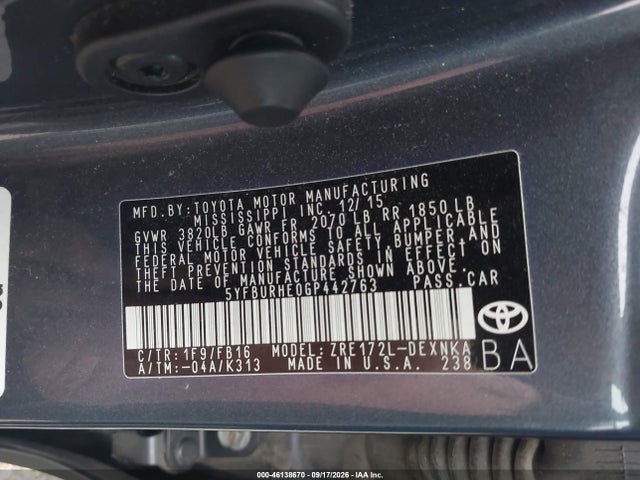 Продажа на аукционе авто 2016 Toyota Corolla Le, vin: 5YFBURHE0GP442763, номер лота: 46138670