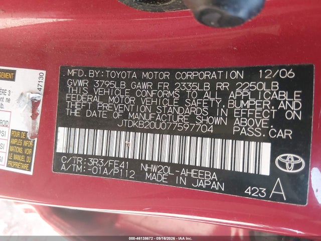 46138672 :رقم المزاد ، JTDKB20U077597704 vin ، 2007 Toyota Prius مزاد بيع