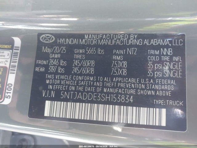 Aukcja sprzedaży 2025 Hyundai Santa Cruz Se, vin: 5NTJADDE3SH153834, numer aukcji: 46138676