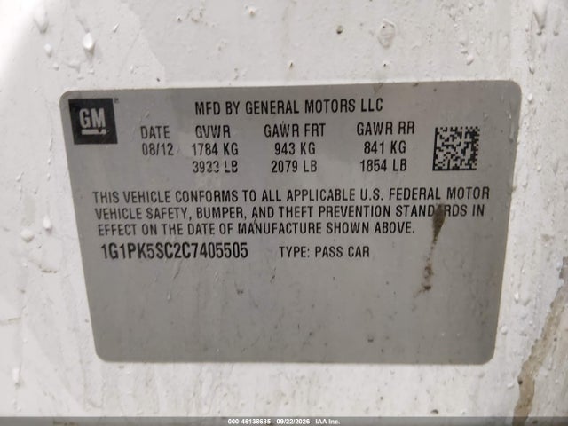 Aukcja sprzedaży 2012 Chevrolet Cruze Eco, vin: 1G1PK5SC2C7405505, numer aukcji: 46138685