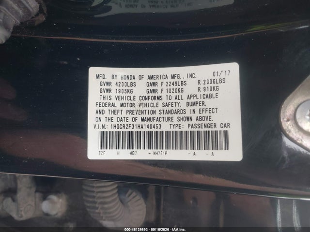 Aukcja sprzedaży 2017 Honda Accord Lx, vin: 1HGCR2F31HA140453, numer aukcji: 46138693
