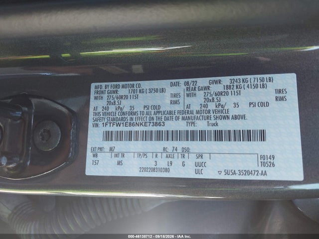 Aukcja sprzedaży 2022 Ford F-150 Xlt, vin: 1FTFW1E86NKE73863, numer aukcji: 46138712