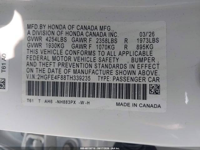 Продажа на аукционе авто 2026 Honda Civic Hybrid Sport/sport Touring, vin: 2HGFE4F88TH339235, номер лота: 46138718