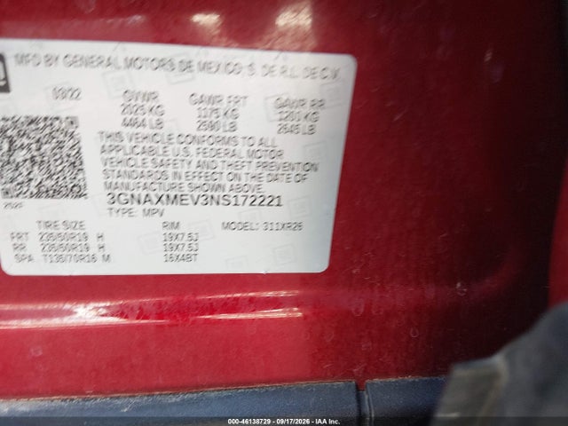 2022 Chevrolet Equinox Fwd Rs მანქანა იყიდება აუქციონზე, vin: 3GNAXMEV3NS172221, აუქციონის ნომერი: 46138729