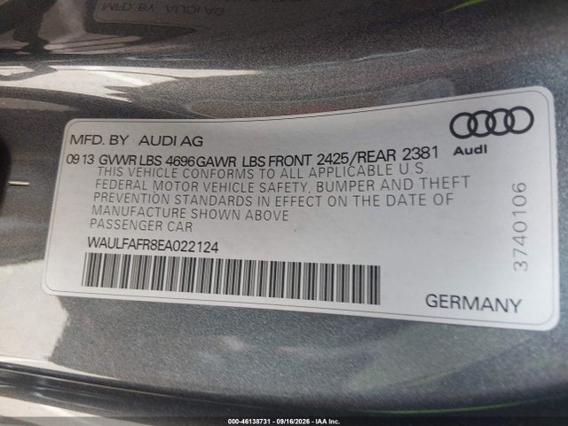 46138731 :رقم المزاد ، WAULFAFR8EA022124 vin ، 2014 Audi A5 2.0t Premium مزاد بيع