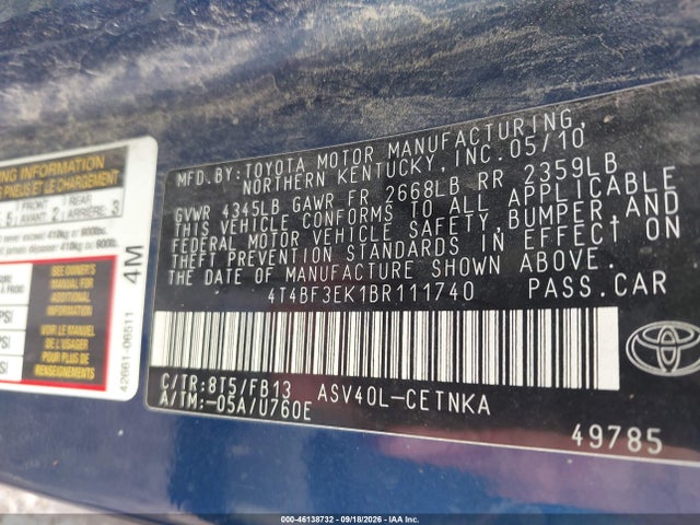 2011 Toyota Camry Le მანქანა იყიდება აუქციონზე, vin: 4T4BF3EK1BR111740, აუქციონის ნომერი: 46138732