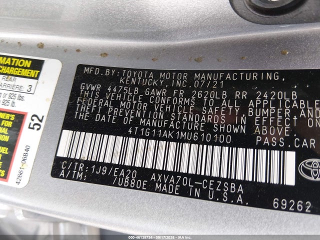 Продажа на аукционе авто 2021 Toyota Camry Se, vin: 4T1G11AK1MU610100, номер лота: 46138734